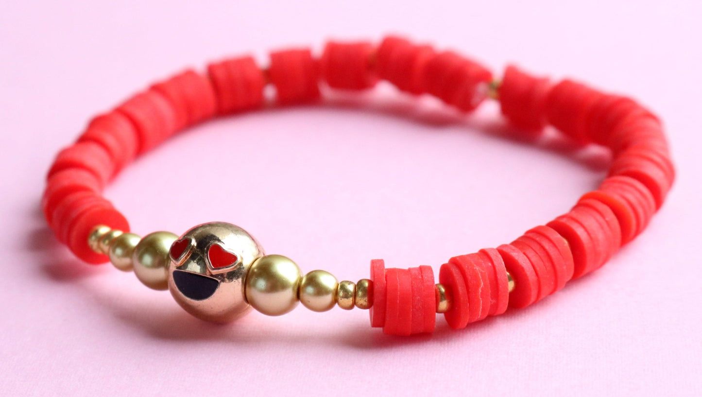 Love and Kisses XOXO 18K Gold Filled Heart Eye Emoji and Red Polymer Clay Bracelet - Monkeysmojo