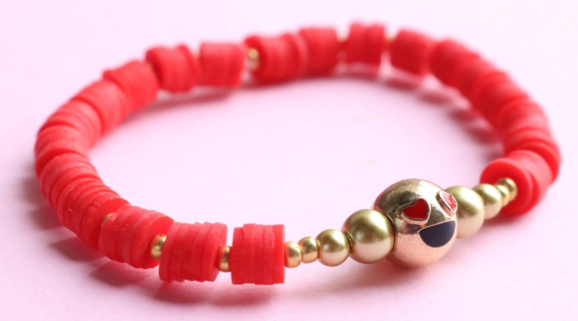 Love and Kisses XOXO 18K Gold Filled Heart Eye Emoji and Red Polymer Clay Bracelet - Monkeysmojo
