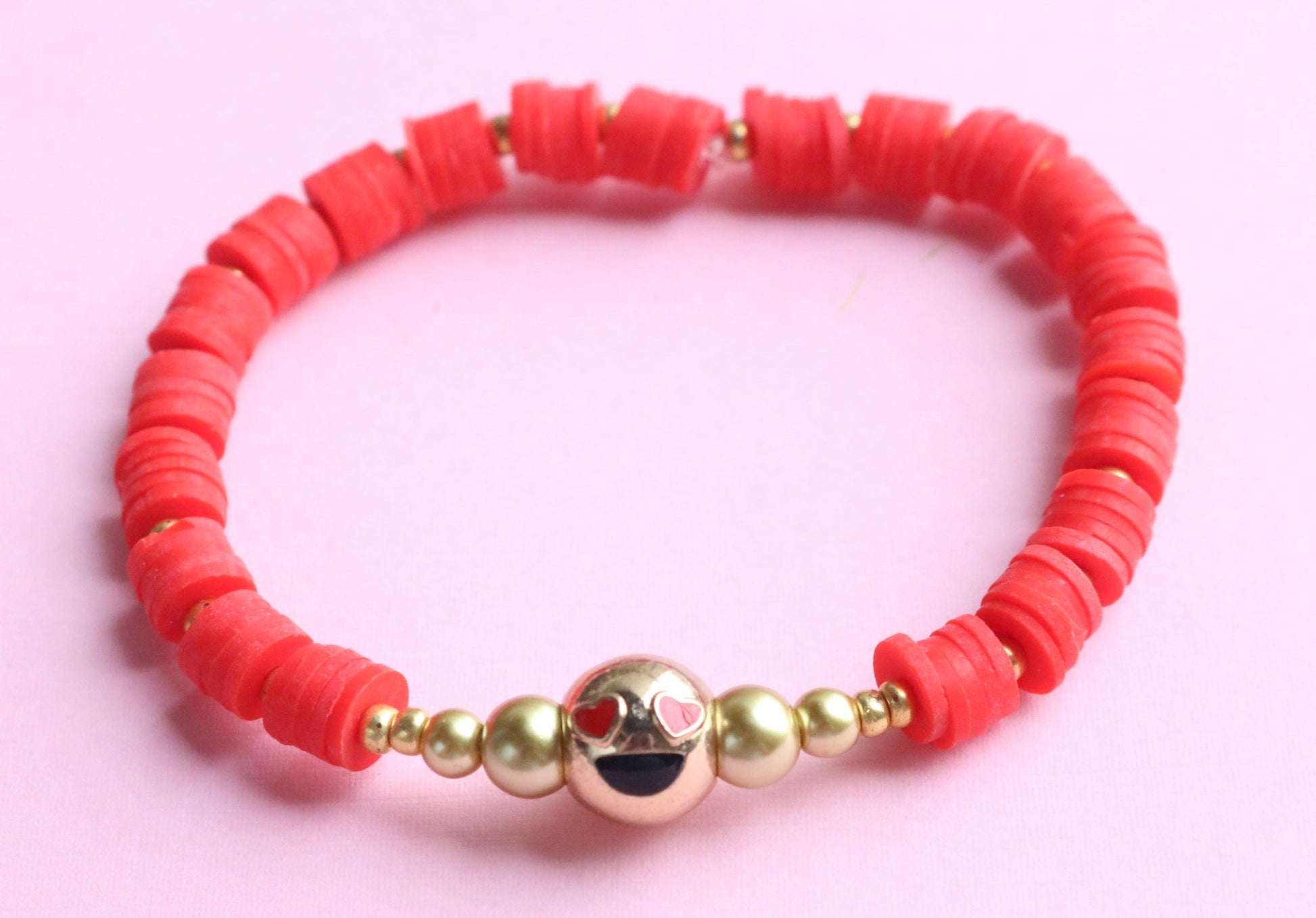 Love and Kisses XOXO 18K Gold Filled Heart Eye Emoji and Red Polymer Clay Bracelet - Monkeysmojo