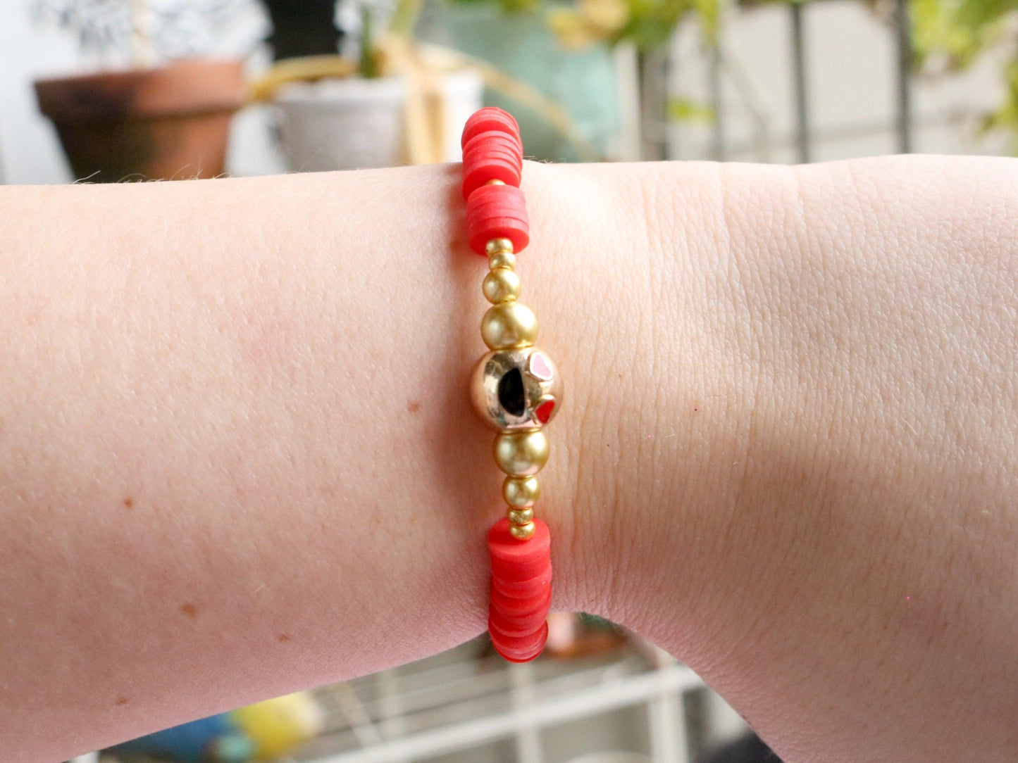 Love and Kisses XOXO 18K Gold Filled Heart Eye Emoji and Red Polymer Clay Bracelet - Monkeysmojo