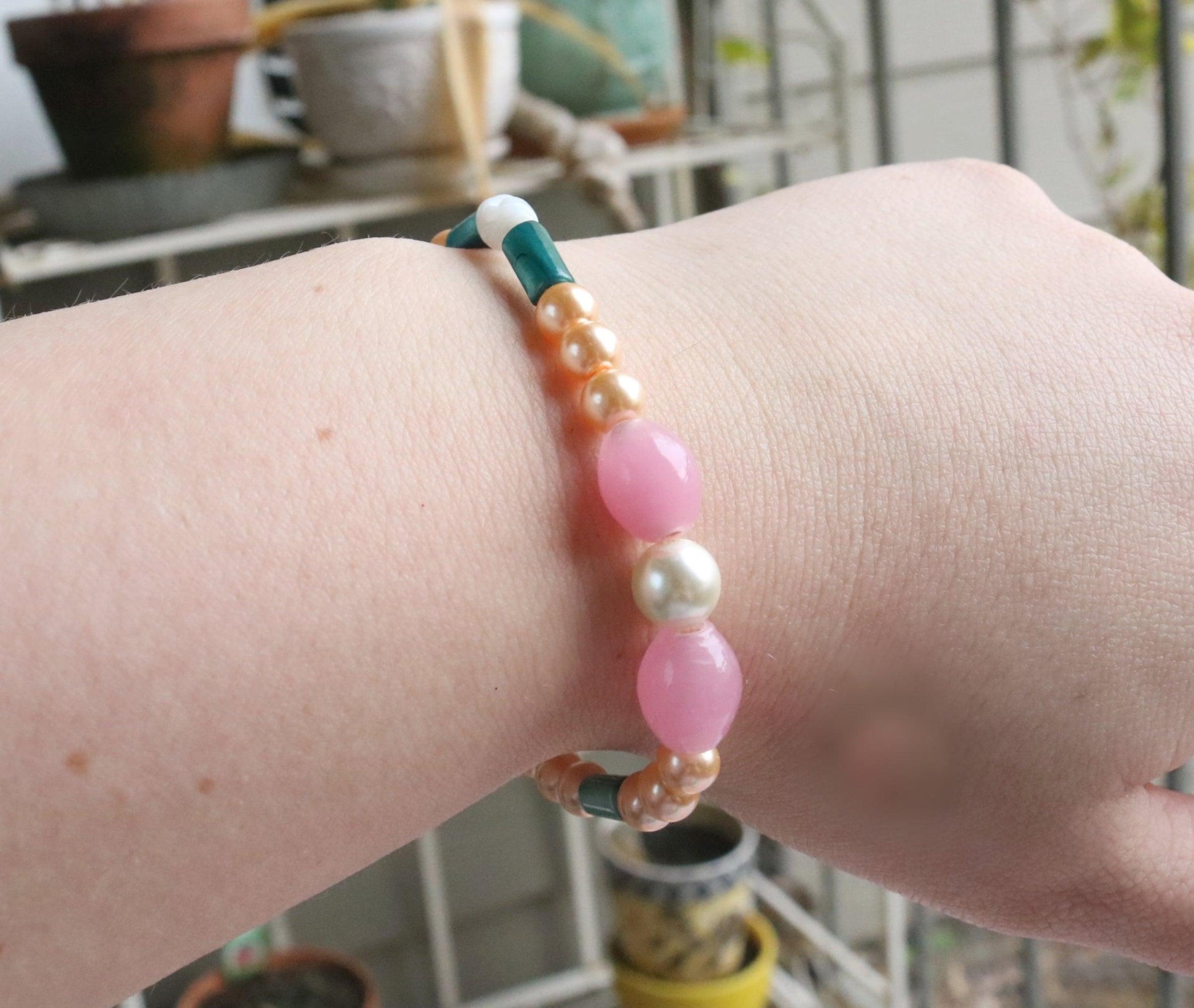 Roses and Pearls - Pink, Gold, and Green Wearable Abstract Art Glass Bracelet - Monkeysmojo