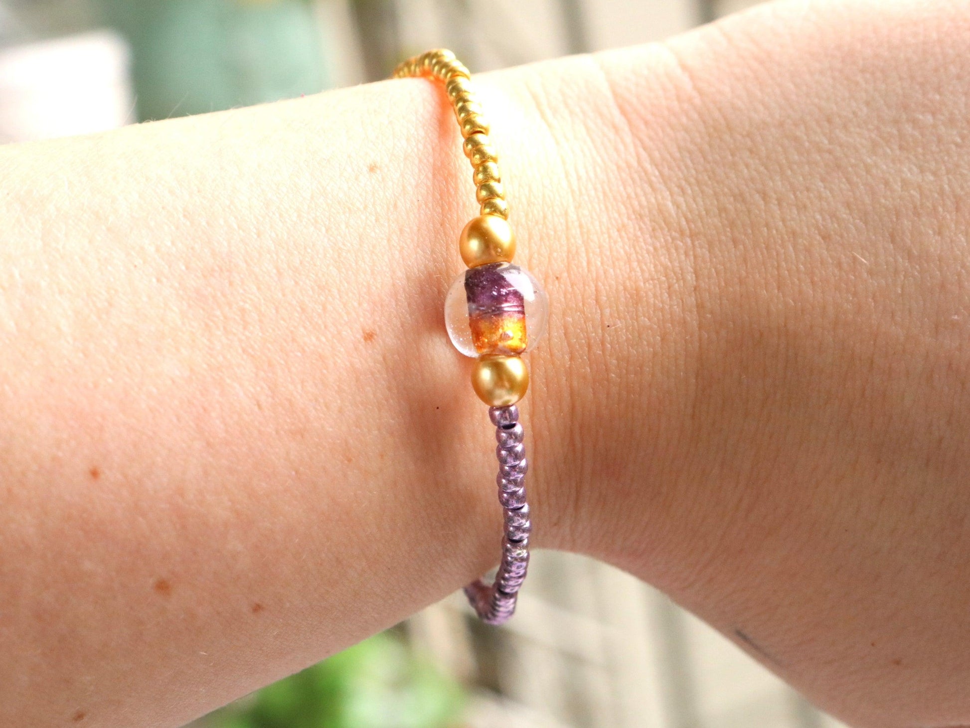 LSU College Themed - Yellow (Gold) and Purple Gemini Stretch Bracelet - Monkeysmojo