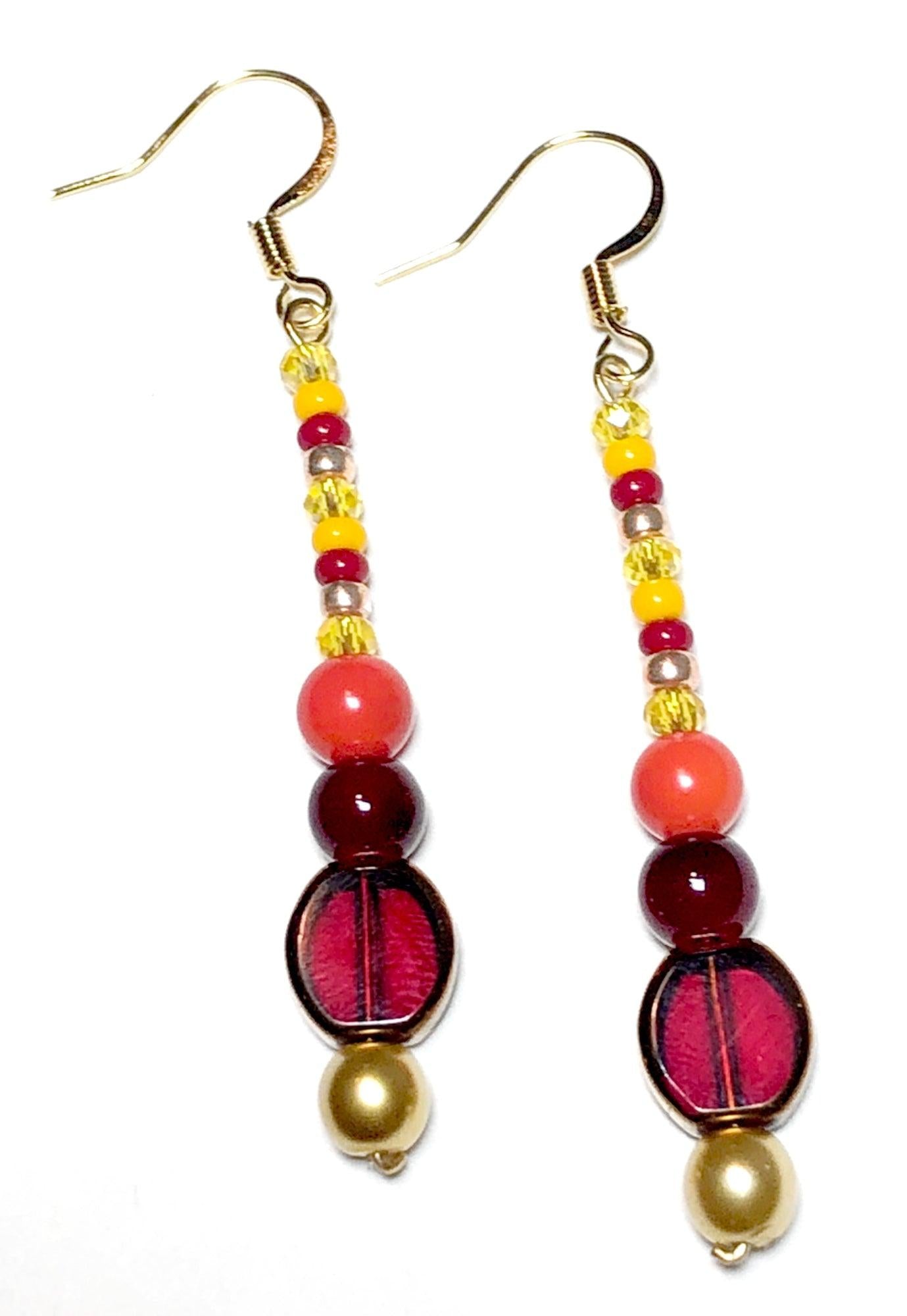 Fire Element Burn Baby Burn Long Women's Glass Dangle Earrings - Yellow Gold, Yellow, Orange, and Red - Monkeysmojo
