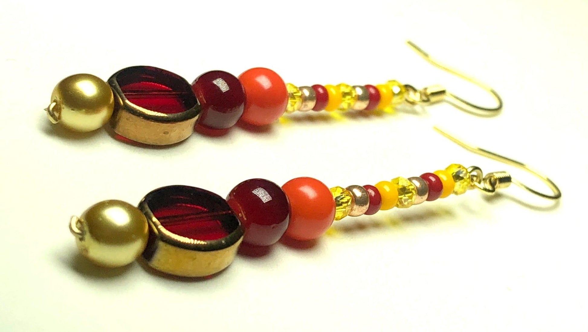 Fire Element Burn Baby Burn Long Women's Glass Dangle Earrings - Yellow Gold, Yellow, Orange, and Red - Monkeysmojo