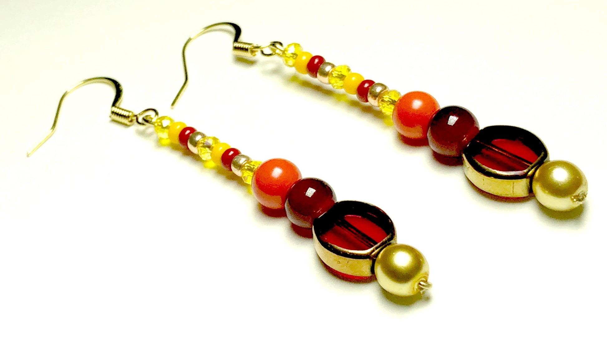 Fire Element Burn Baby Burn Long Women's Glass Dangle Earrings - Yellow Gold, Yellow, Orange, and Red - Monkeysmojo