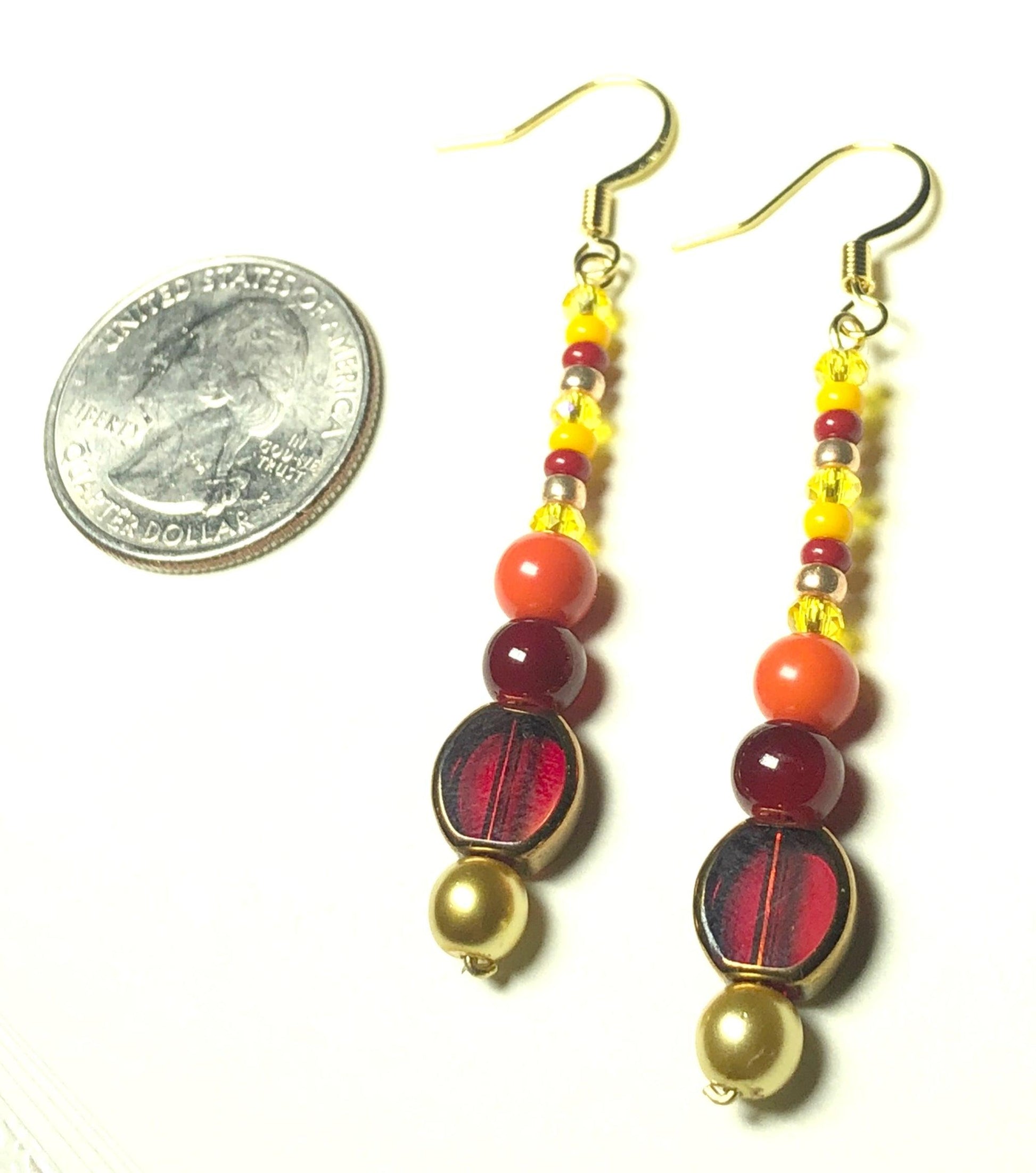 Fire Element Burn Baby Burn Long Women's Glass Dangle Earrings - Yellow Gold, Yellow, Orange, and Red - Monkeysmojo