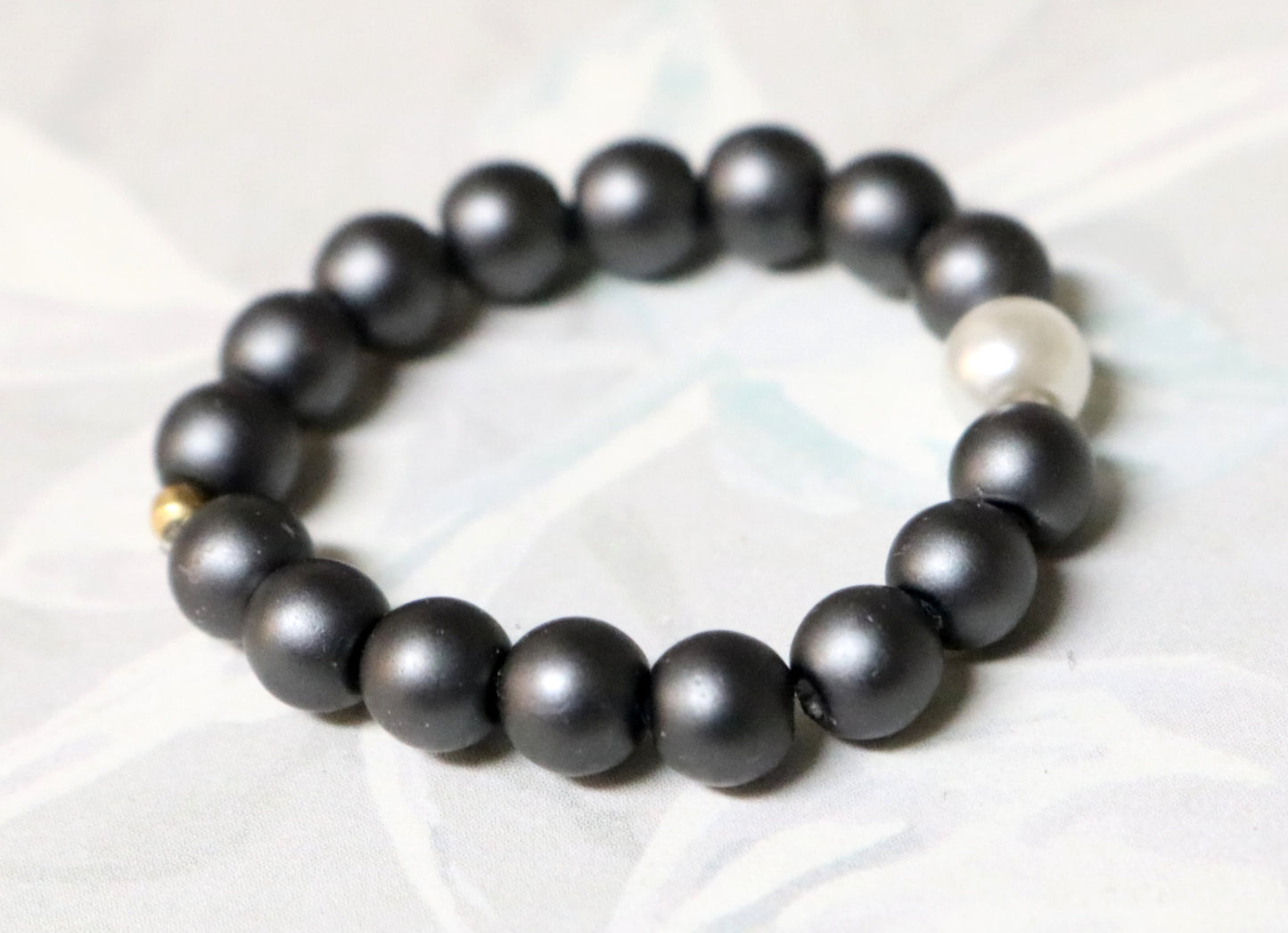 Pearling on the Ritz - White Glass Pearl and Gun Metal Grey Round Beaded Ring by Monkey's Mojo