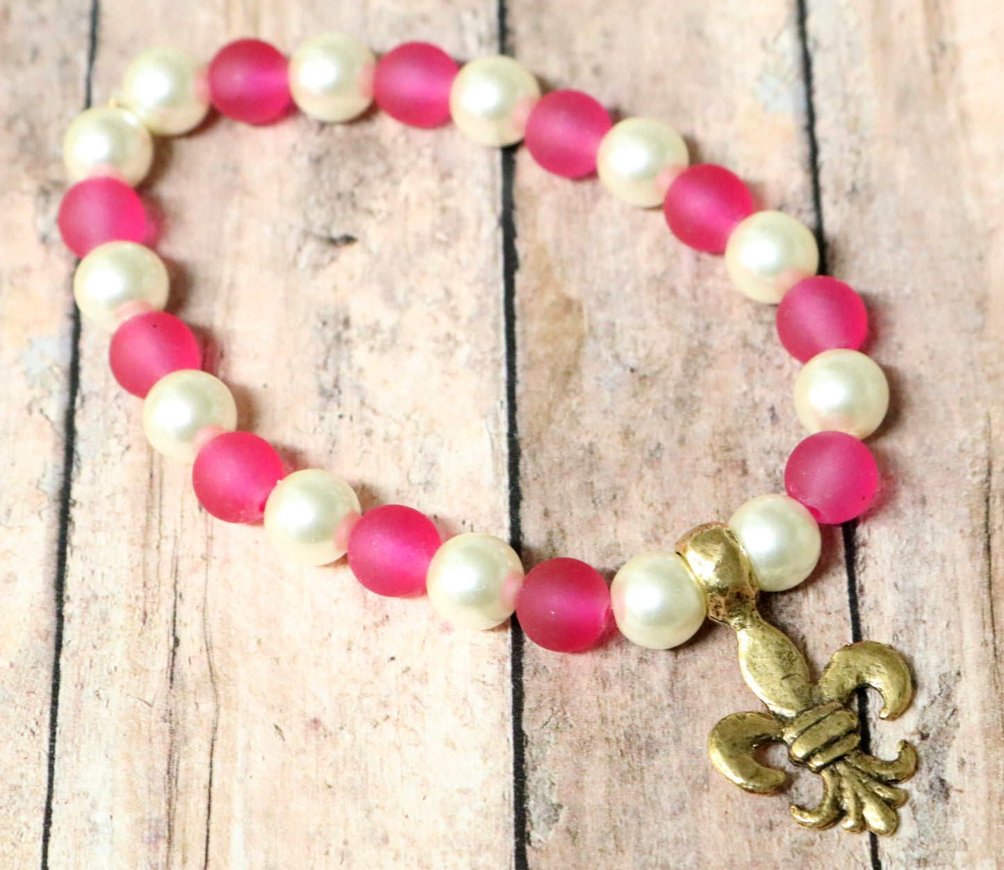 Pink with White Pearls Yellow Gold Tone Hammered Fleur De Lis Charm - Bracelet by Monkey's Mojo