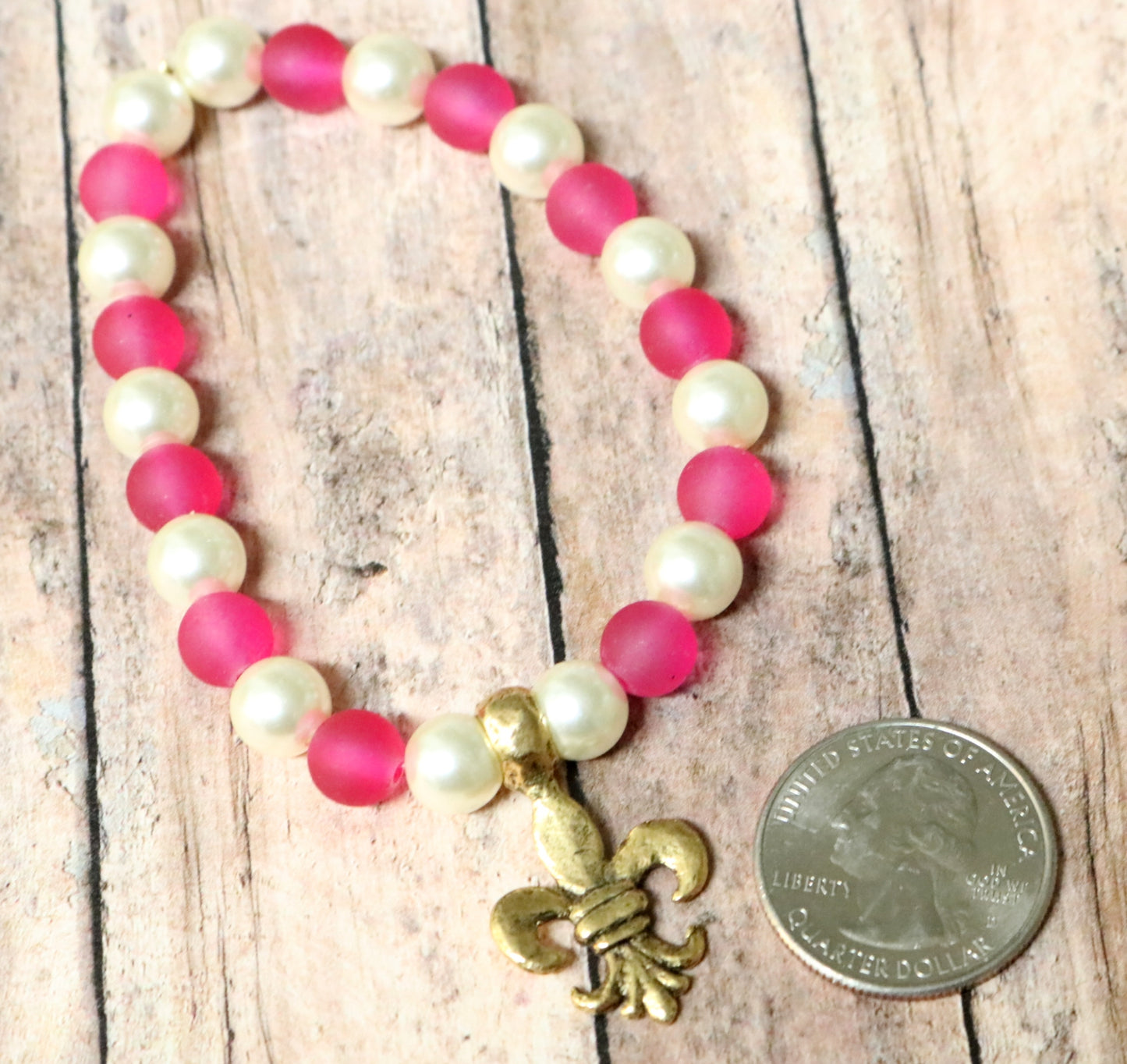 Pink with White Pearls Yellow Gold Tone Hammered Fleur De Lis Charm - Bracelet by Monkey's Mojo