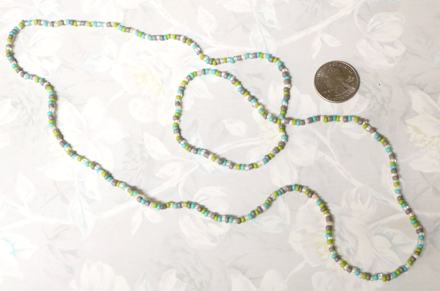 Early 2000s Suburbia Turquoise, Gray, Lime Green, and White 28" Artisan Glass Bead Necklace by Monkey's Mojo