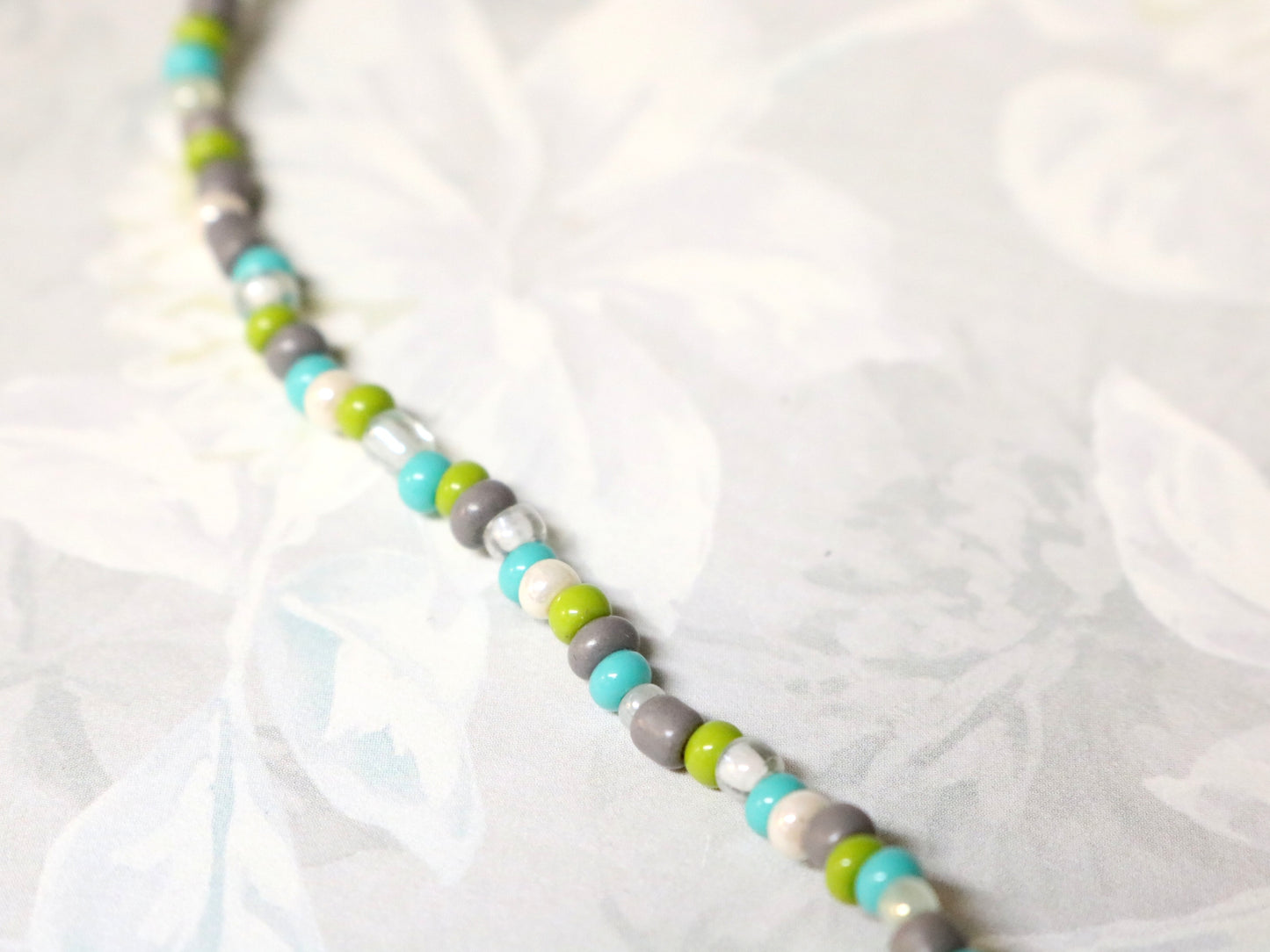 Early 2000s Suburbia Turquoise, Gray, Lime Green, and White 28" Artisan Glass Bead Necklace by Monkey's Mojo