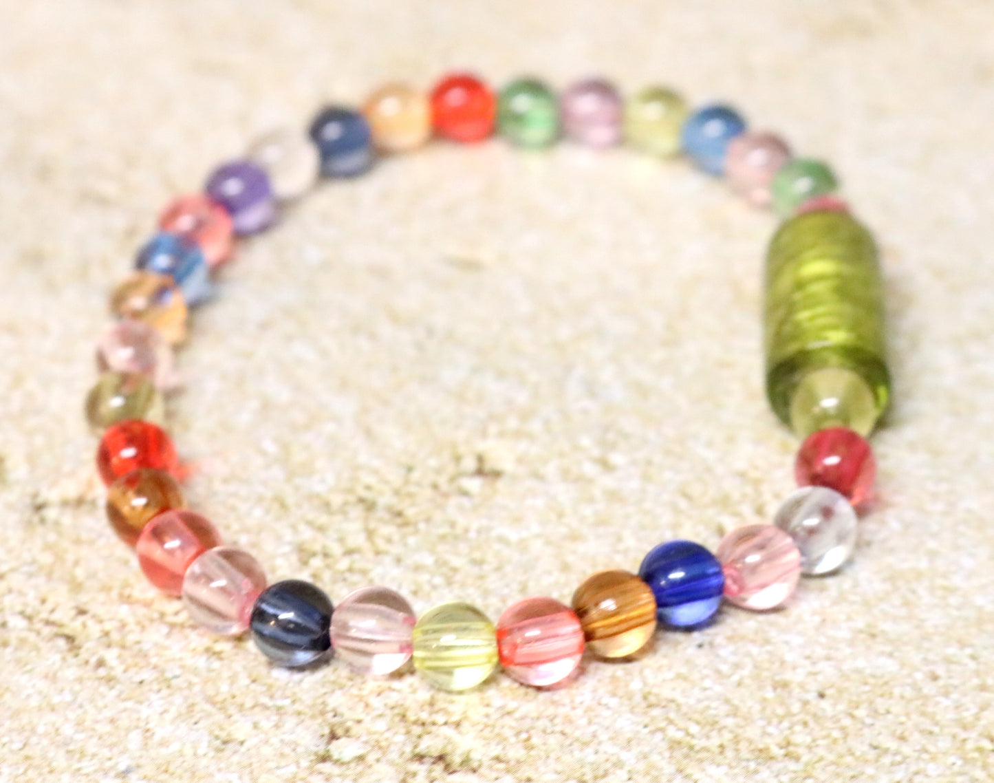 Totally Tubular Lime Green Glass Bead with Semi Translucent Colorful Beads Stretch Bracelet by Monkey's Mojo