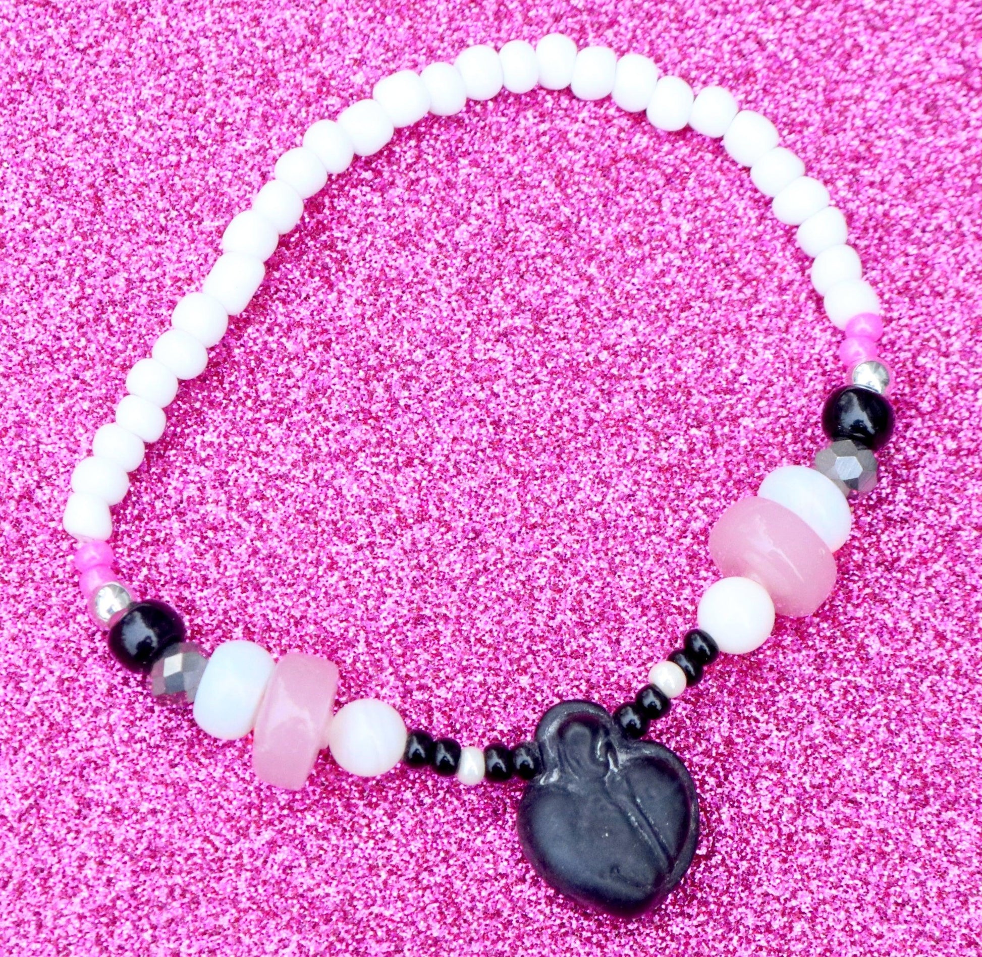 Stone Heart Black and Pink Art White Women's Stretch Bracelet - Monkeysmojo