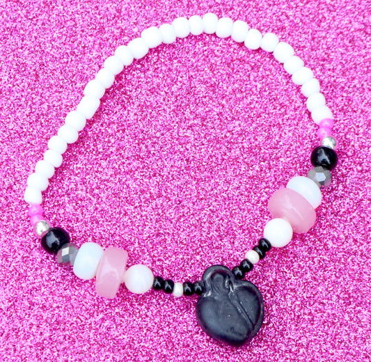 Stone Heart Black and Pink Art White Women's Stretch Bracelet - Monkeysmojo