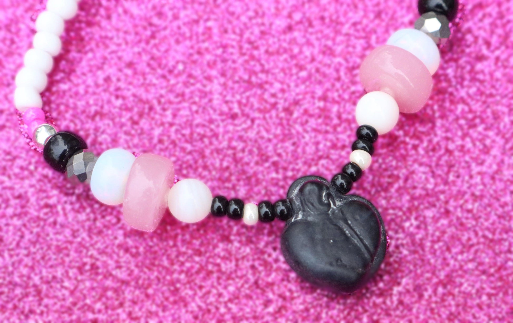 Stone Heart Black and Pink Art White Women's Stretch Bracelet - Monkeysmojo