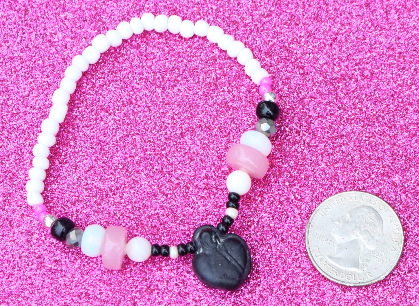 Stone Heart Black and Pink Art White Women's Stretch Bracelet - Monkeysmojo