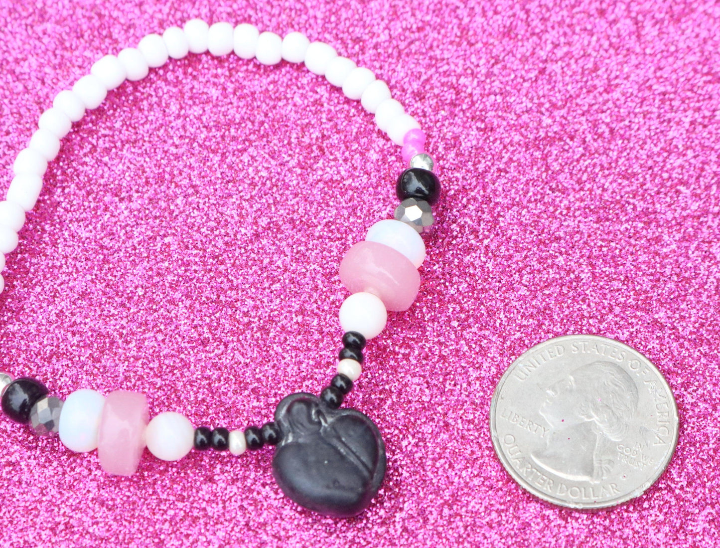 Stone Heart Black and Pink Art White Women's Stretch Bracelet - Monkeysmojo