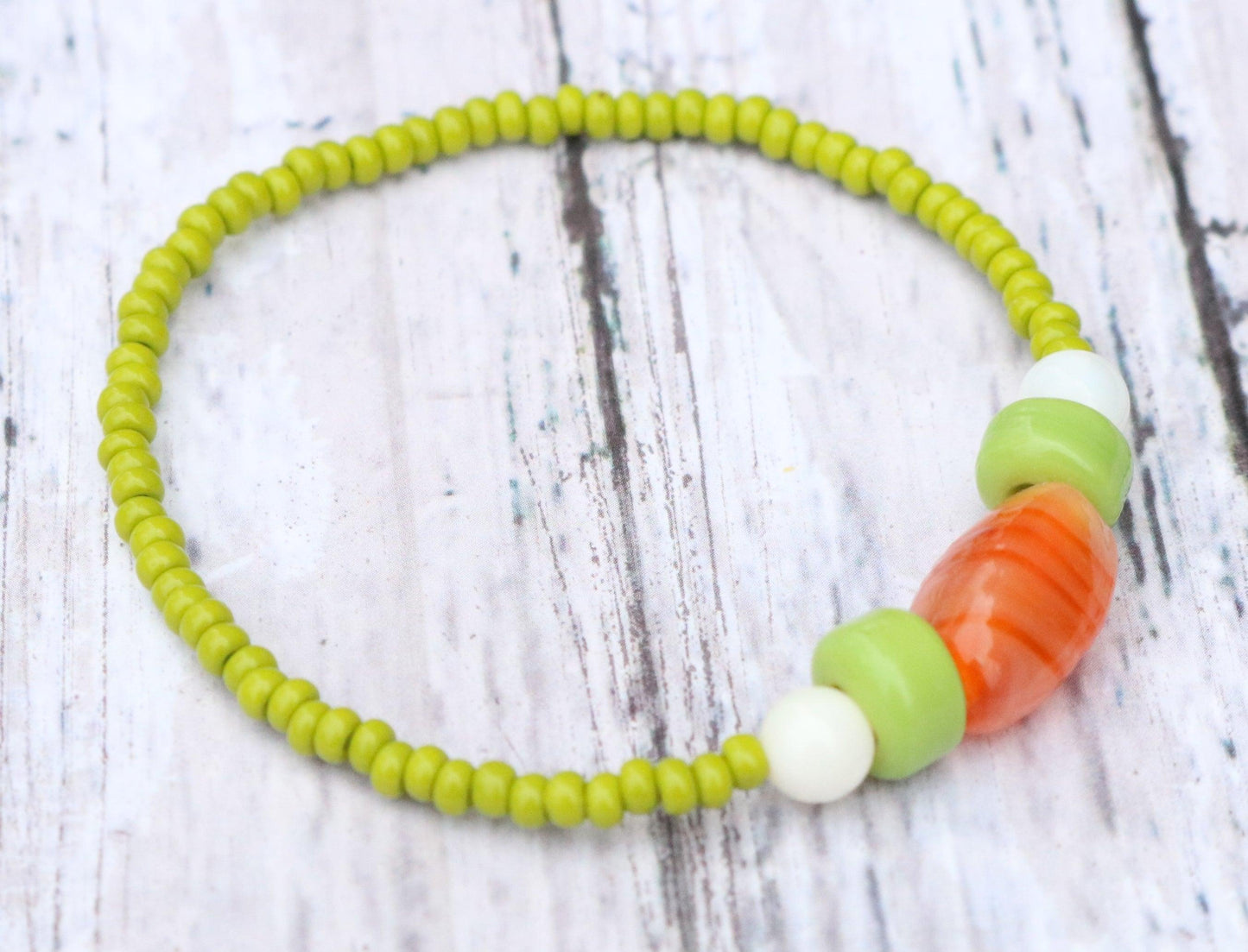 Bunny Hop Carrot Love Easter Treat Orange and Green Glass Bracelet Side View 2
