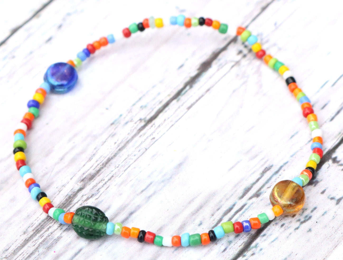 Yellow, Green, and Blue Artisan Glass Assorted Rainbow Seed Beads Bracelet - Monkeysmojo