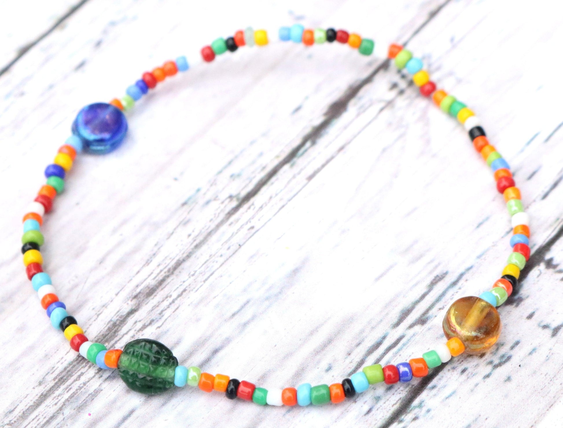 Yellow, Green, and Blue Artisan Glass Assorted Rainbow Seed Beads Bracelet - Monkeysmojo