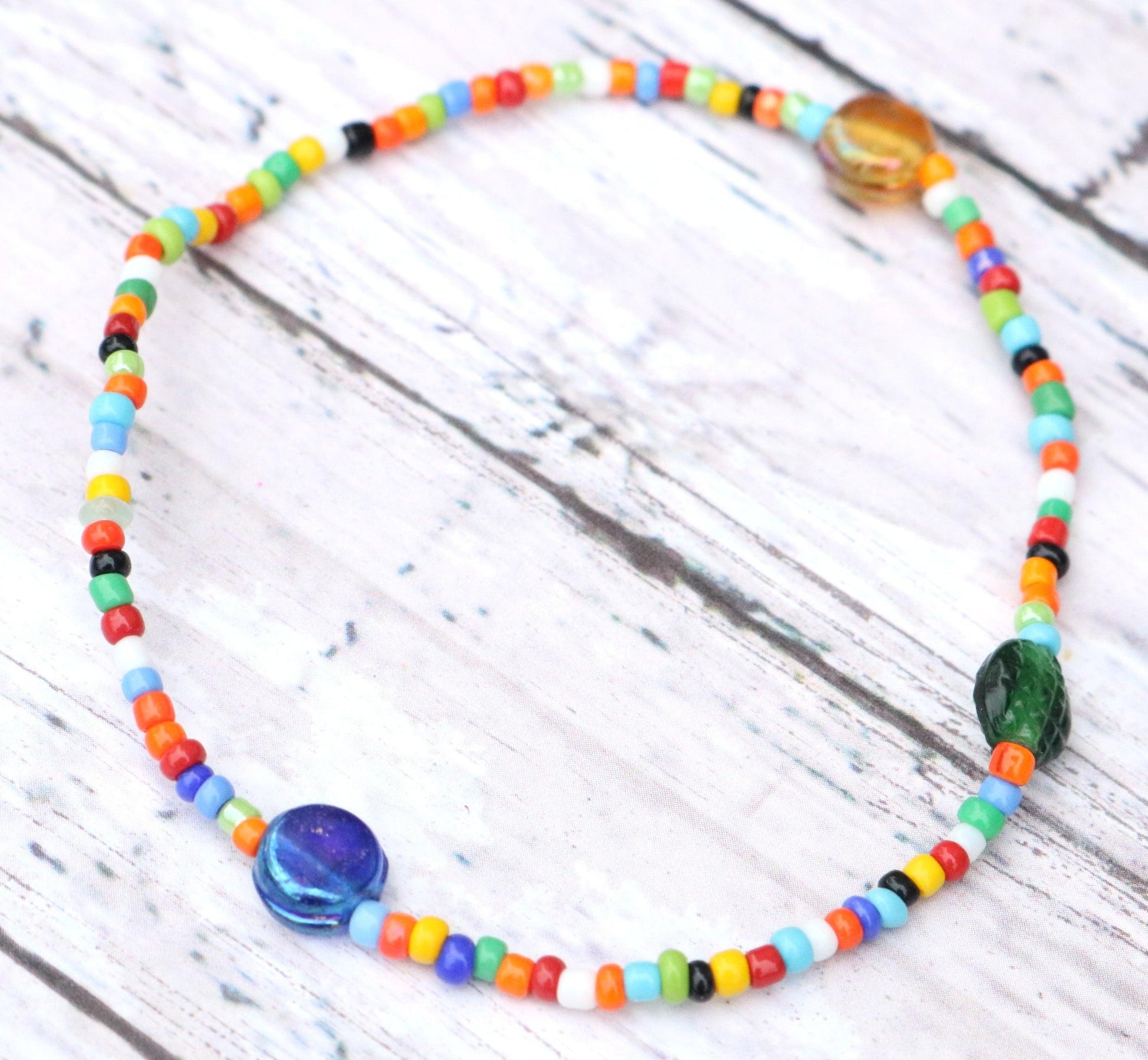 Yellow, Green, and Blue Artisan Glass Assorted Rainbow Seed Beads Bracelet - Monkeysmojo
