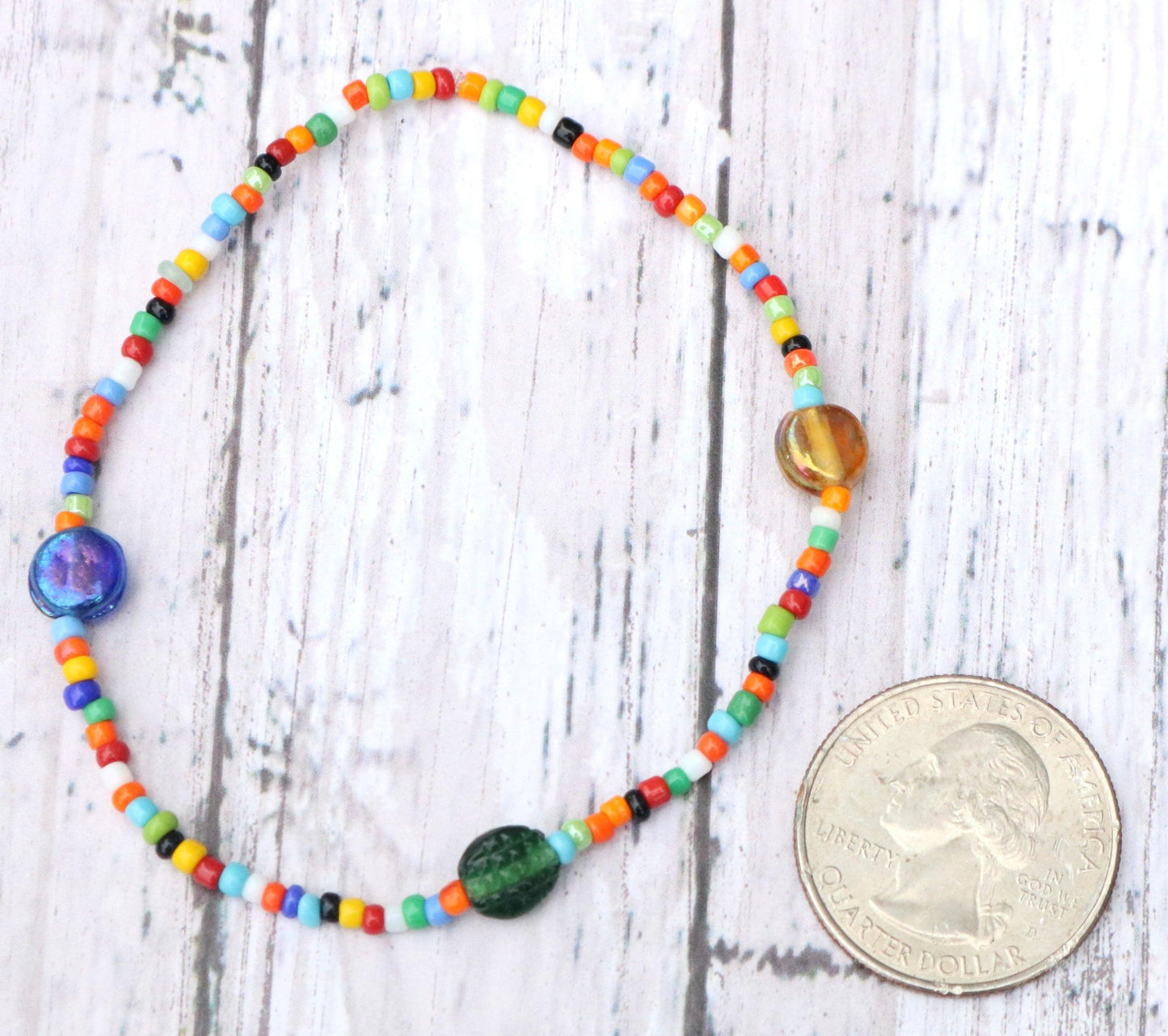 Yellow, Green, and Blue Artisan Glass Assorted Rainbow Seed Beads Bracelet - Monkeysmojo