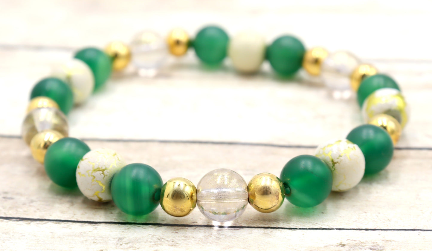 Nature's Dark Green and Golden Embrace - Glass & Agate Handmade Stretch Bracelet by Monkey's Mojo