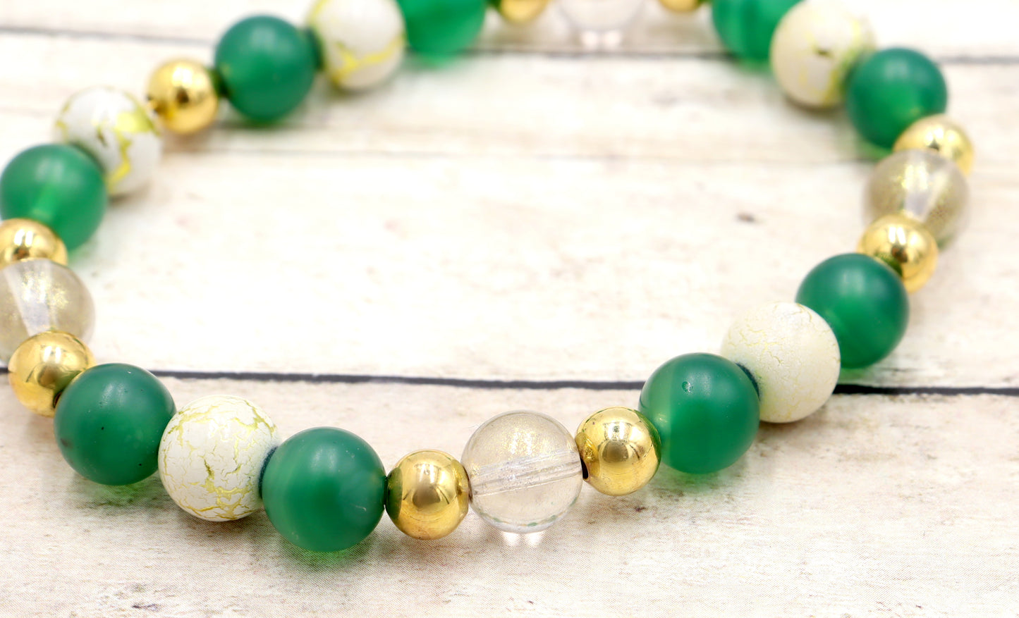 Nature's Dark Green and Golden Embrace - Glass & Agate Handmade Stretch Bracelet by Monkey's Mojo