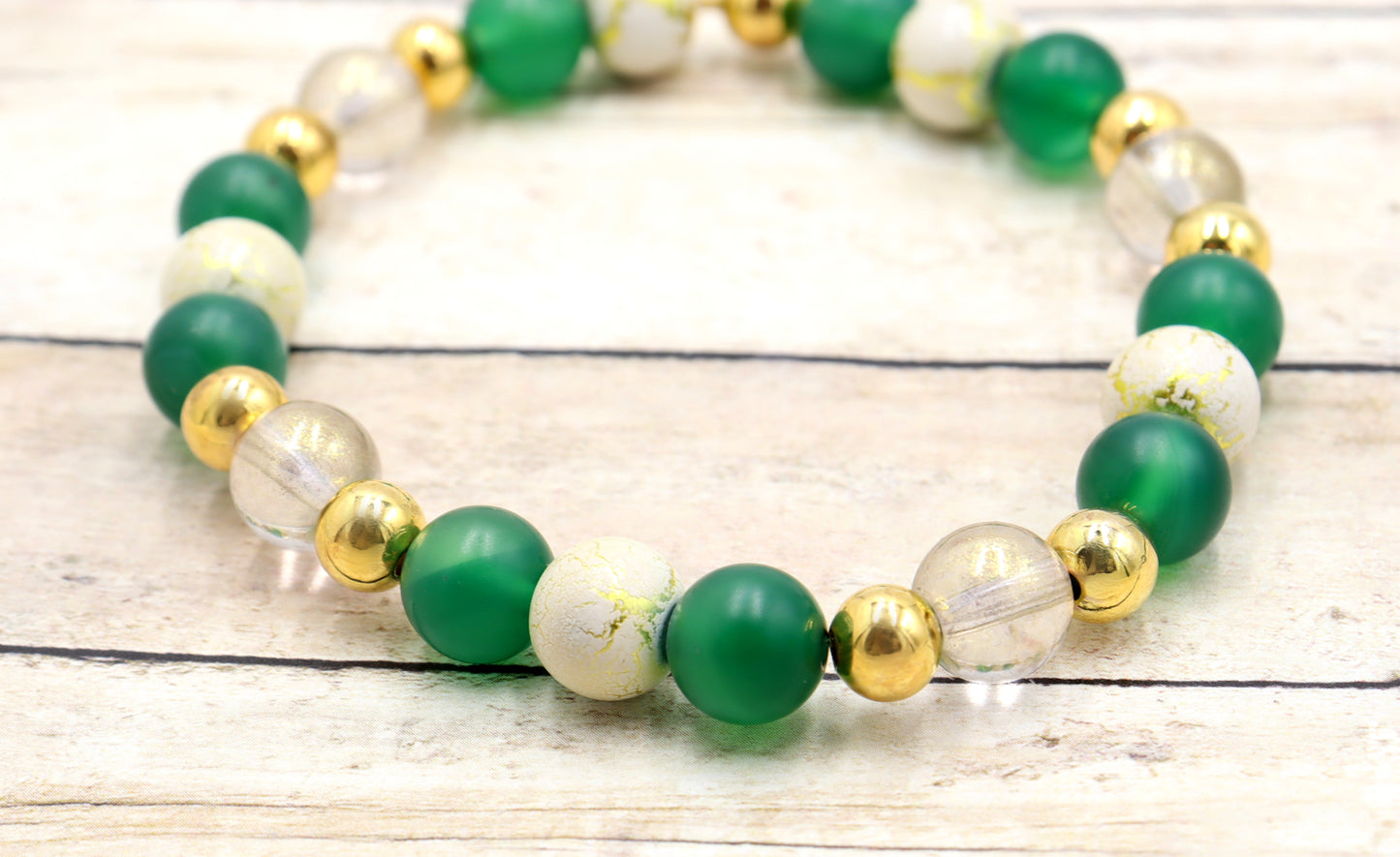 Nature's Dark Green and Golden Embrace - Glass & Agate Handmade Stretch Bracelet by Monkey's Mojo