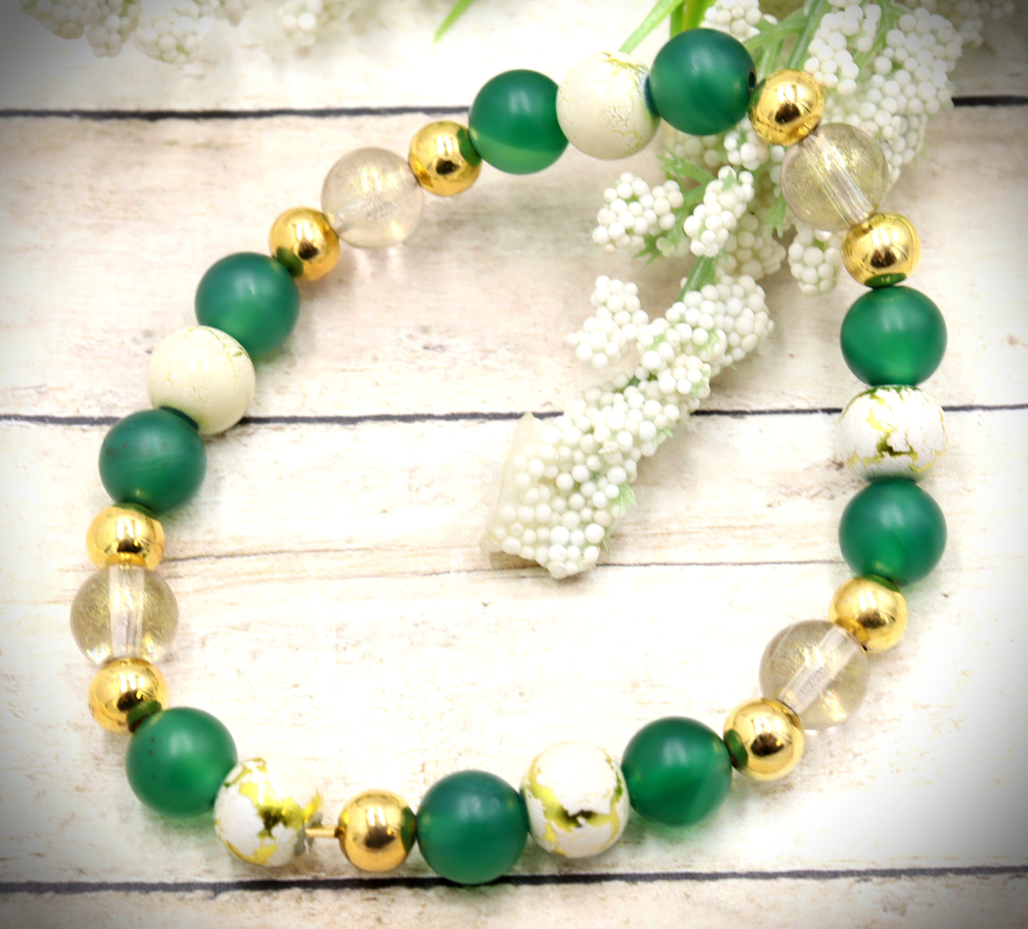 Nature's Dark Green and Golden Embrace - Glass & Agate Handmade Stretch Bracelet by Monkey's Mojo