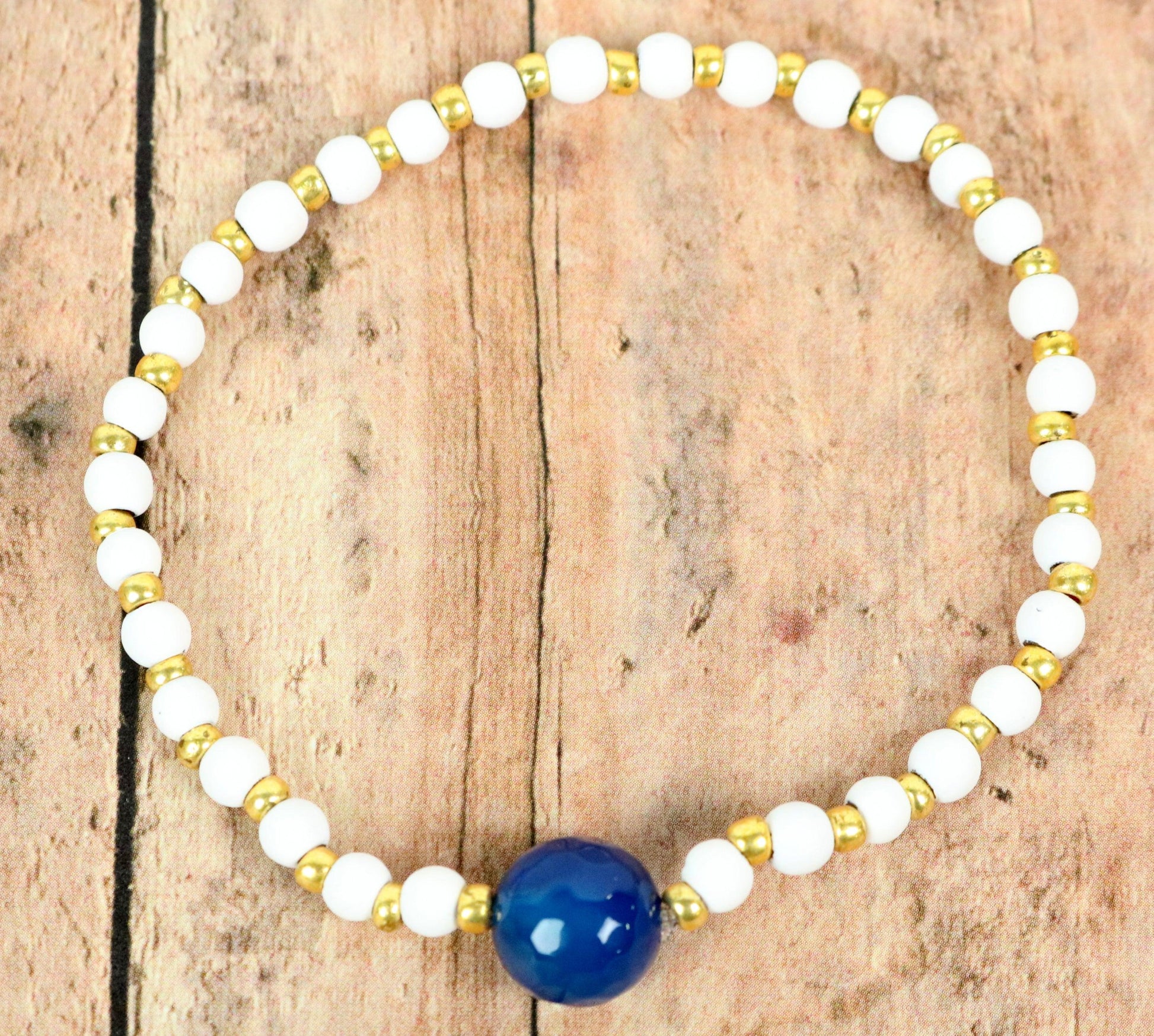 Dark Blue, Matte Rubber Hematite White Beads, and Yellow Gold Women's Glass Bracelet - Monkeysmojo