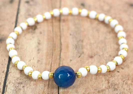 Dark Blue, Matte Rubber Hematite White Beads, and Yellow Gold Women's Glass Bracelet - Monkeysmojo