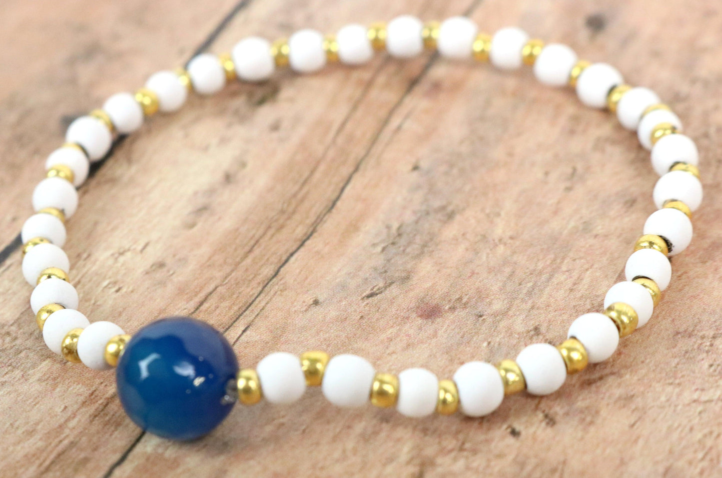 Dark Blue, Matte Rubber Hematite White Beads, and Yellow Gold Women's Glass Bracelet - Monkeysmojo