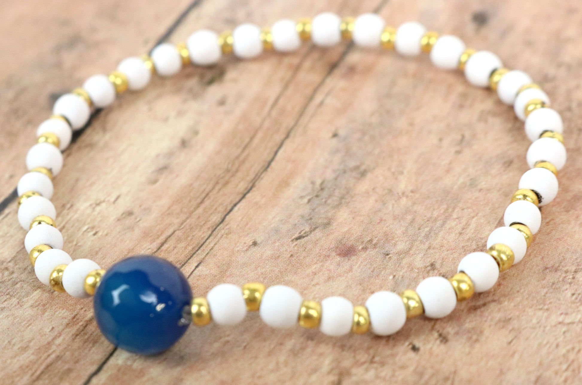 Dark Blue, Matte Rubber Hematite White Beads, and Yellow Gold Women's Glass Bracelet - Monkeysmojo