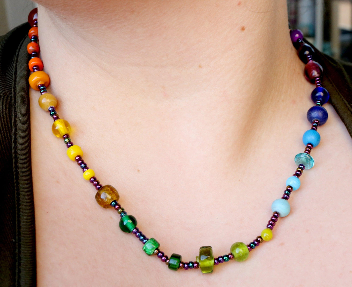 All the Colors Lead to the Heart Women's Rainbow Glass Bead Necklace - Monkeysmojo