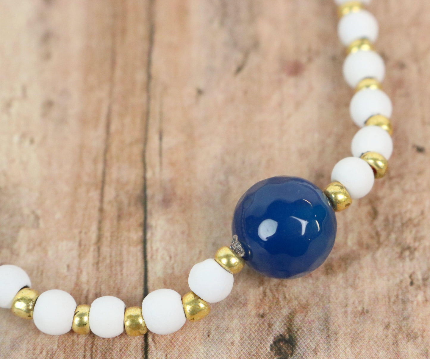 Dark Blue, Matte Rubber Hematite White Beads, and Yellow Gold Women's Glass Bracelet - Monkeysmojo
