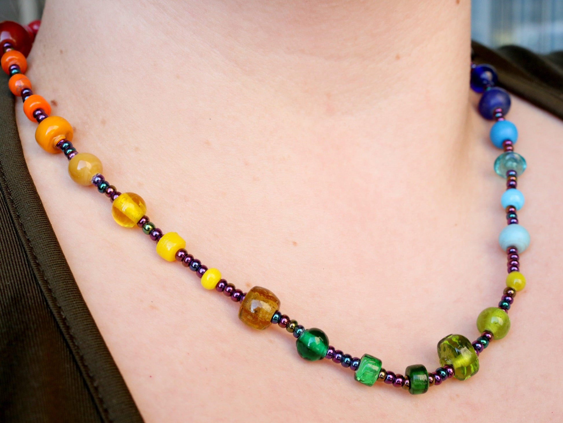 All the Colors Lead to the Heart Women's Rainbow Glass Bead Necklace - Monkeysmojo