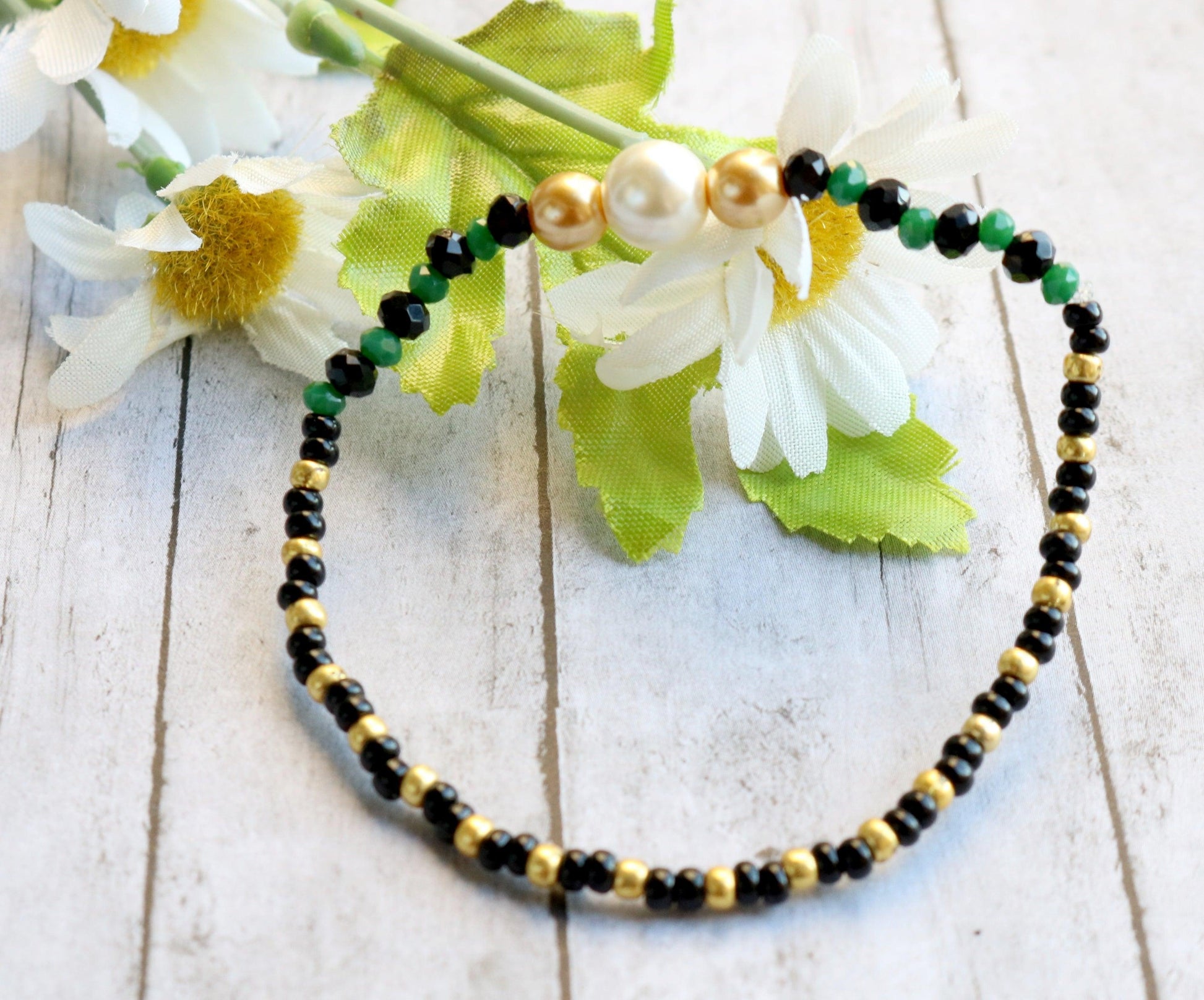 White Pearl Golden Serpent Black and Green Scales Women's Bracelet - Monkeysmojo