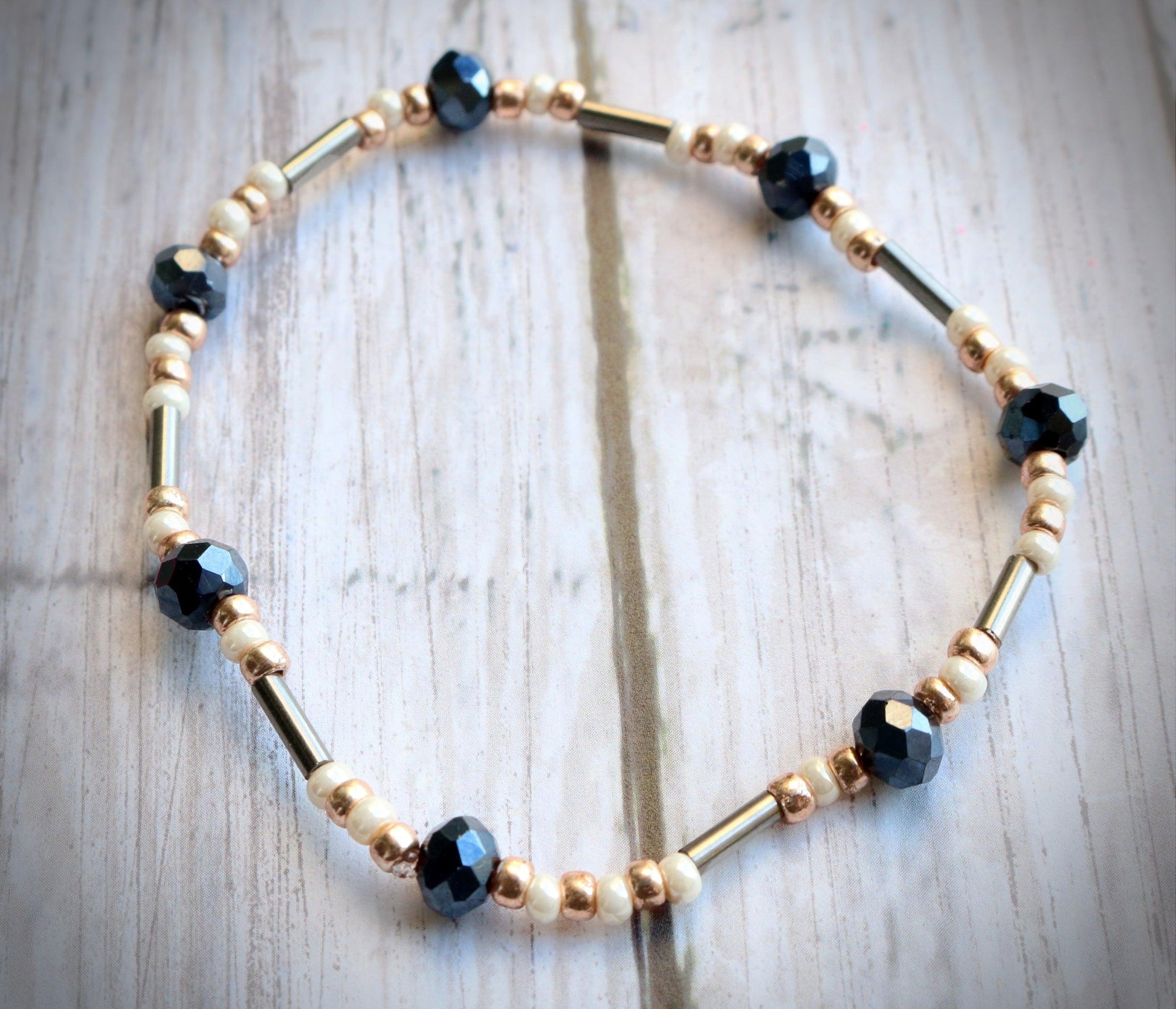 Midnight Faceted Blue Silver Lines and Gold Pearl Stars in the Sky Glass Bracelet - Monkeysmojo