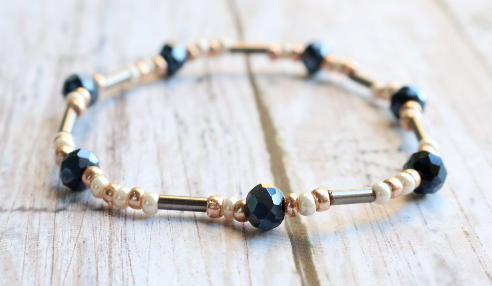 Midnight Faceted Blue Silver Lines and Gold Pearl Stars in the Sky Glass Bracelet - Monkeysmojo