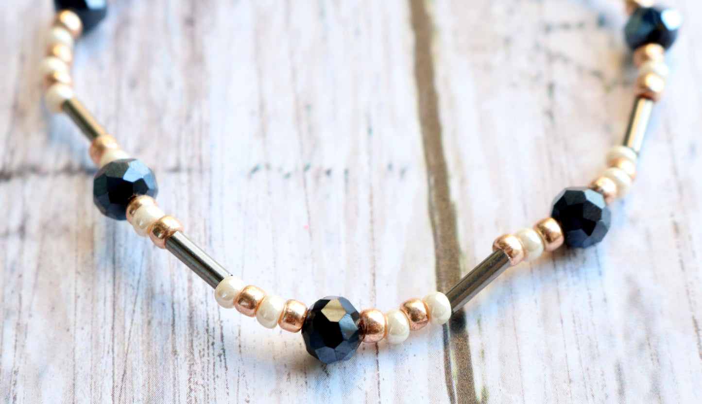 Midnight Faceted Blue Silver Lines and Gold Pearl Stars in the Sky Glass Bracelet - Monkeysmojo