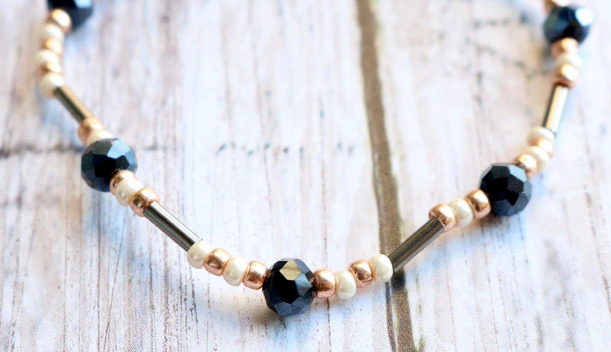 Midnight Faceted Blue Silver Lines and Gold Pearl Stars in the Sky Glass Bracelet - Monkeysmojo