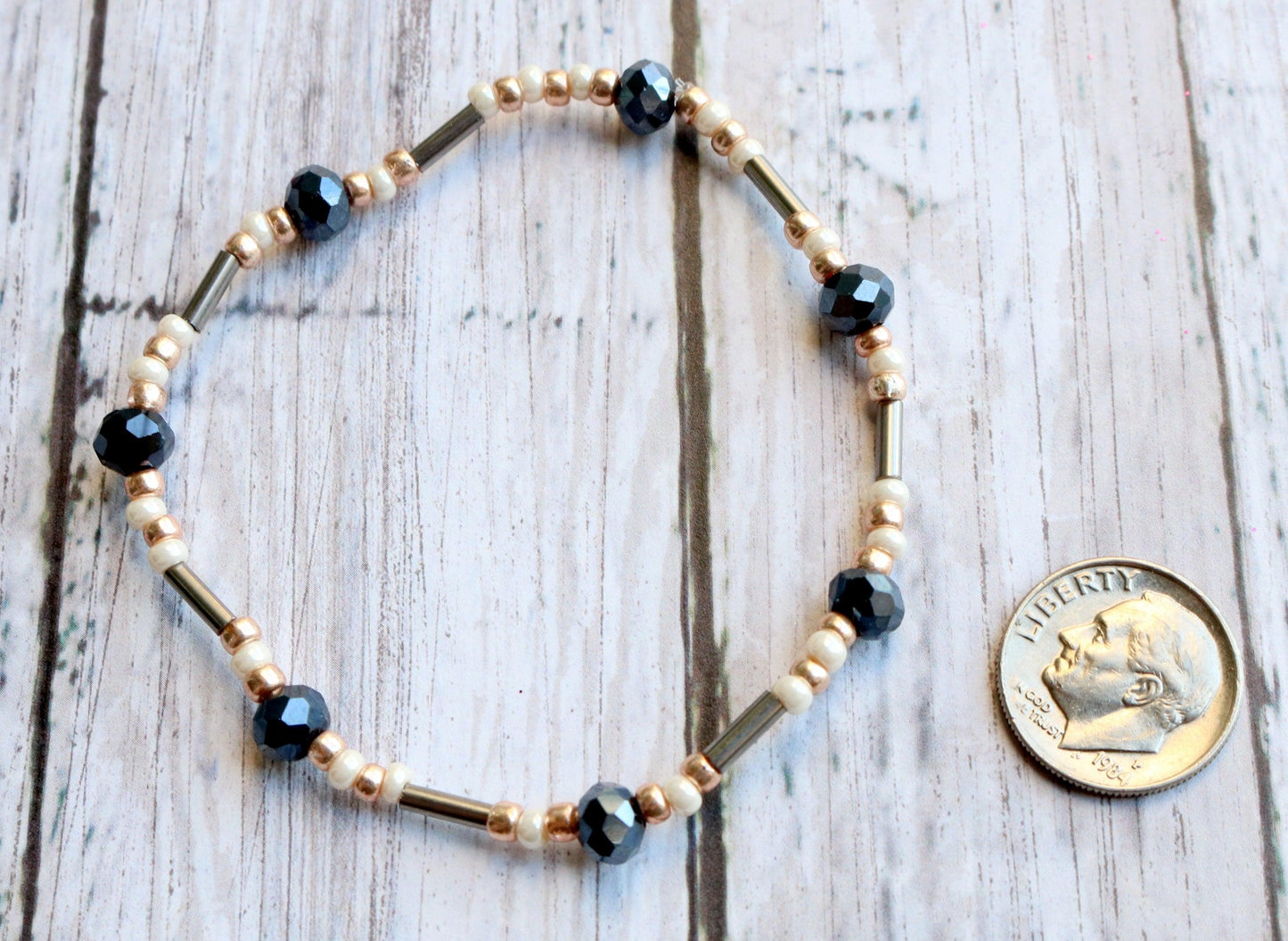 Midnight Faceted Blue Silver Lines and Gold Pearl Stars in the Sky Glass Bracelet - Monkeysmojo