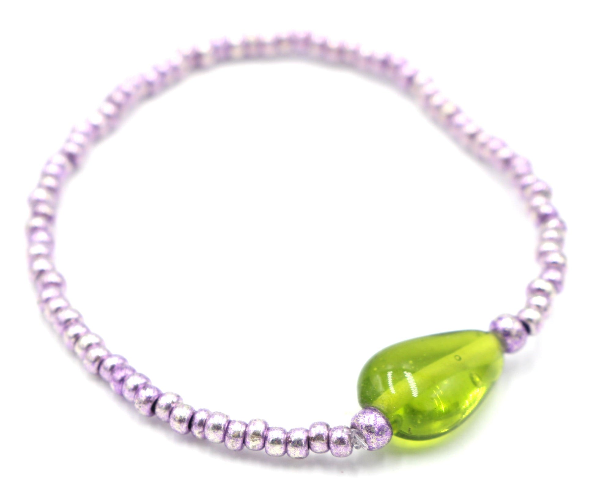 Lotus and the Leaf - Metallic Purple and Bright Green Glass Women's Stretch Bracelet - Monkeysmojo