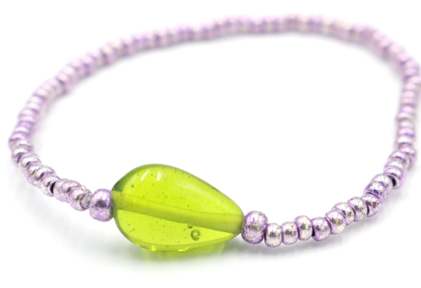 Lotus and the Leaf - Metallic Purple and Bright Green Glass Women's Stretch Bracelet - Monkeysmojo