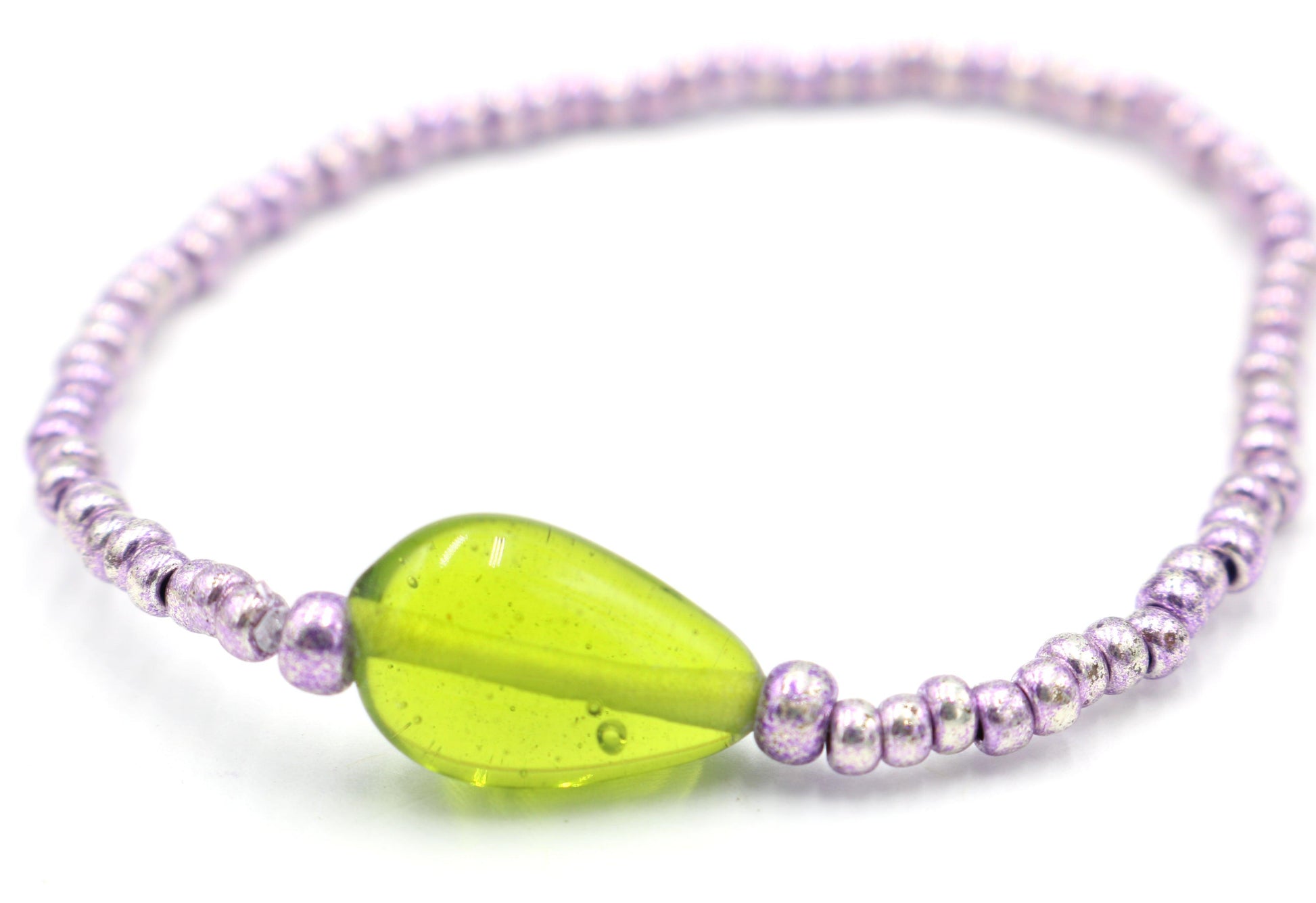Lotus and the Leaf - Metallic Purple and Bright Green Glass Women's Stretch Bracelet - Monkeysmojo