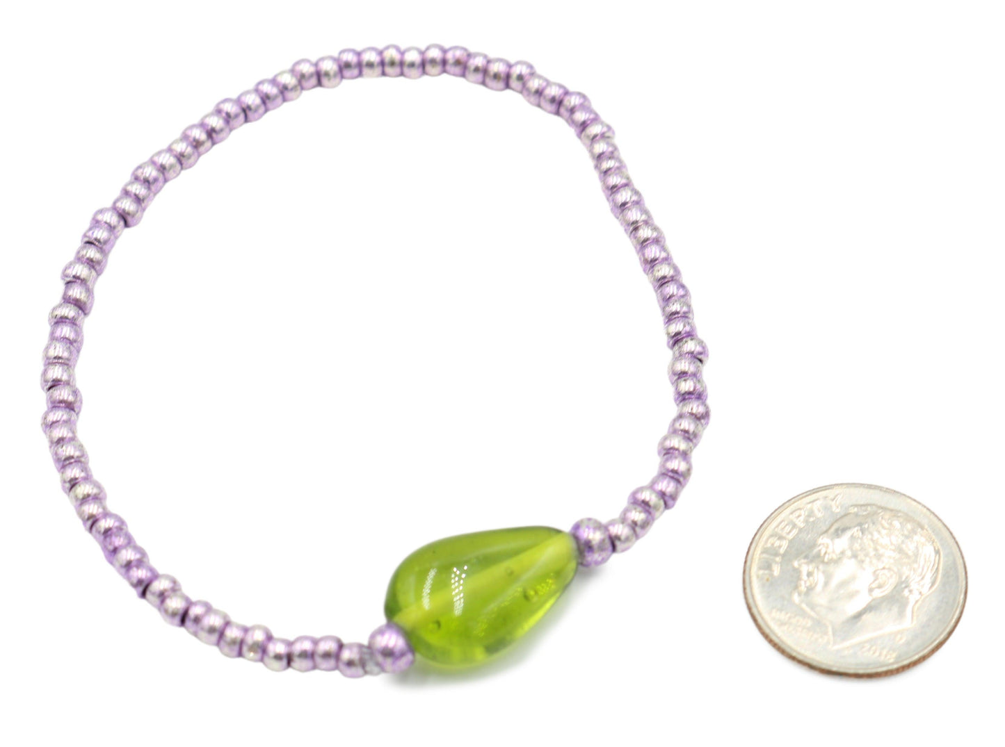 Lotus and the Leaf - Metallic Purple and Bright Green Glass Women's Stretch Bracelet - Monkeysmojo