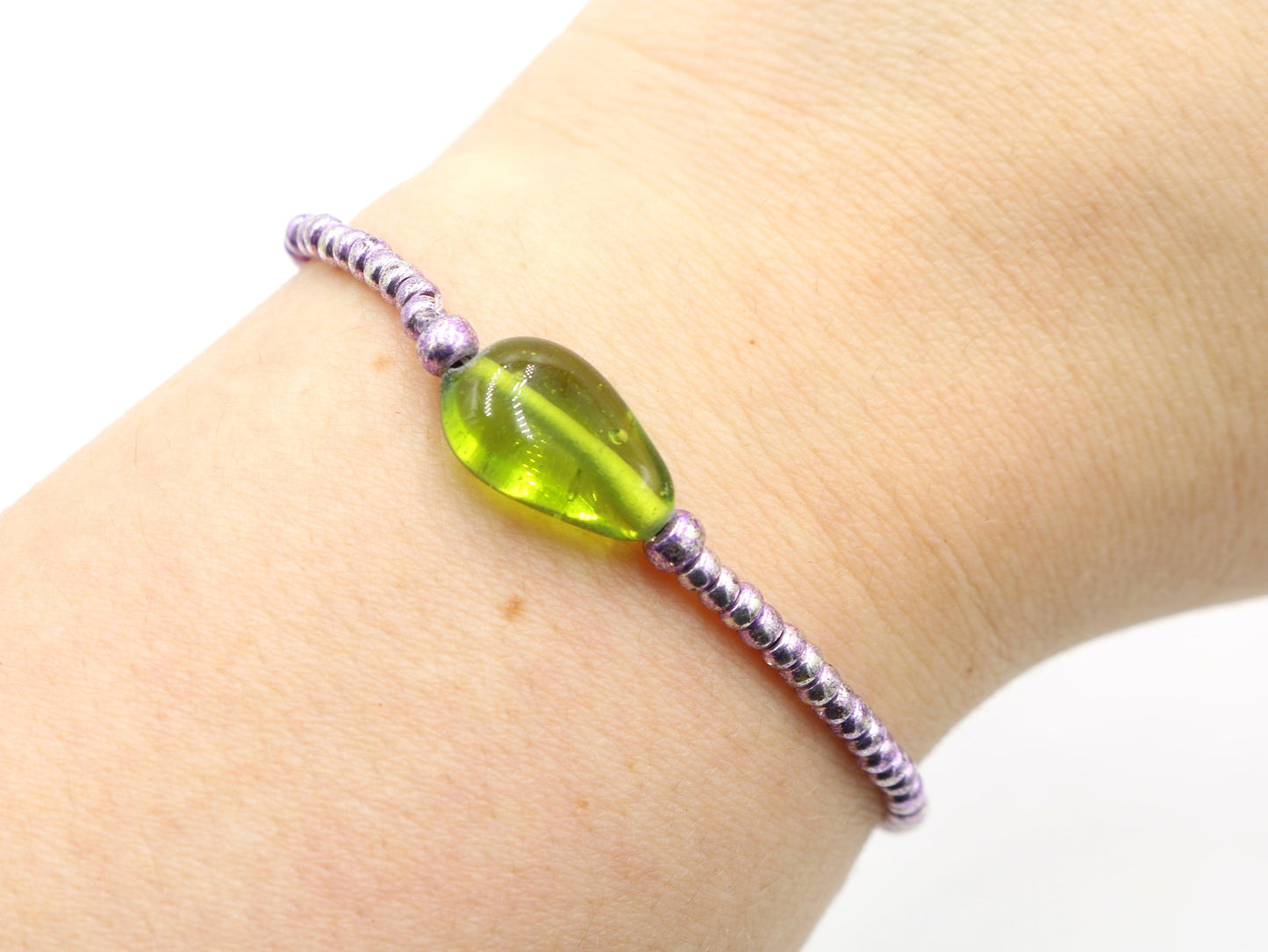Lotus and the Leaf - Metallic Purple and Bright Green Glass Women's Stretch Bracelet - Monkeysmojo