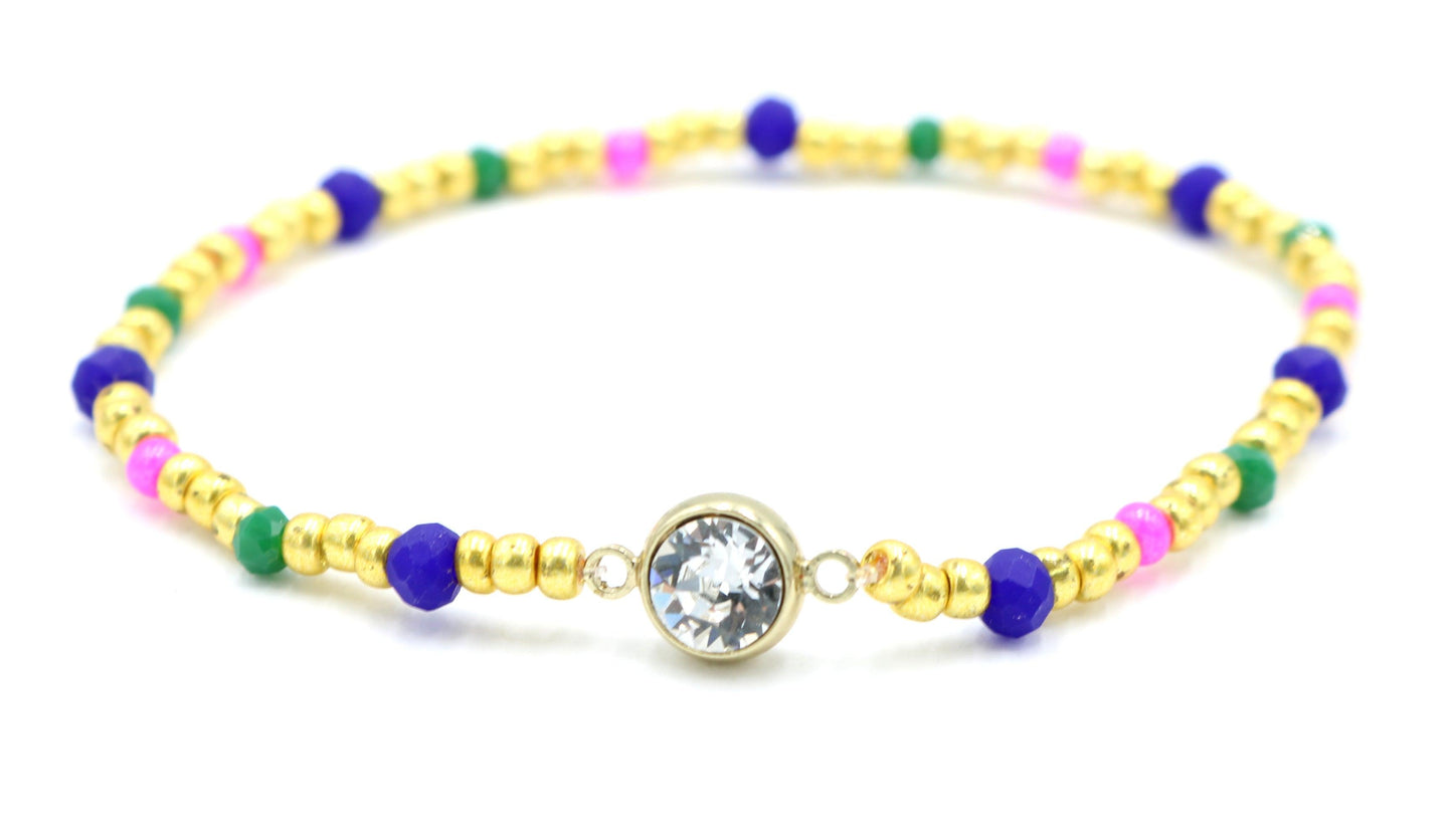 Luxury Yellow Gold Tone, Dark Blue, Hot Pink, and Green CZ Charm Glass Bead Women's Bracelet - Monkeysmojo