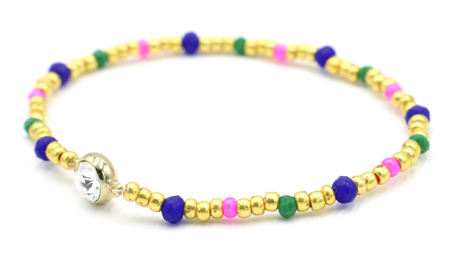Luxury Yellow Gold Tone, Dark Blue, Hot Pink, and Green CZ Charm Glass Bead Women's Bracelet - Monkeysmojo